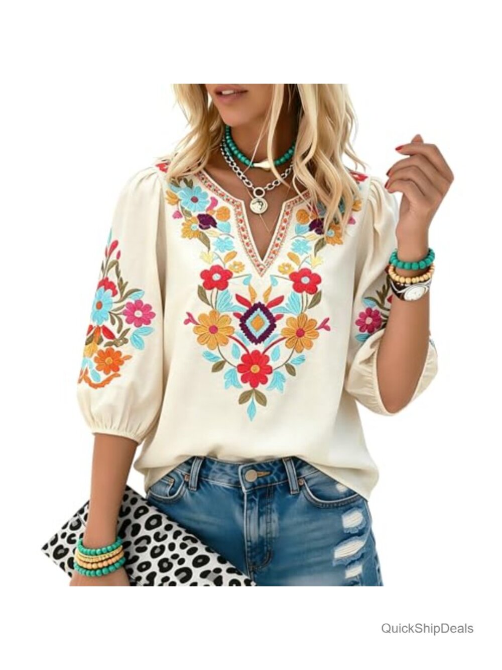 Mexican Embroidered Peasant Tunic Top Boho Fiesta Blouse
